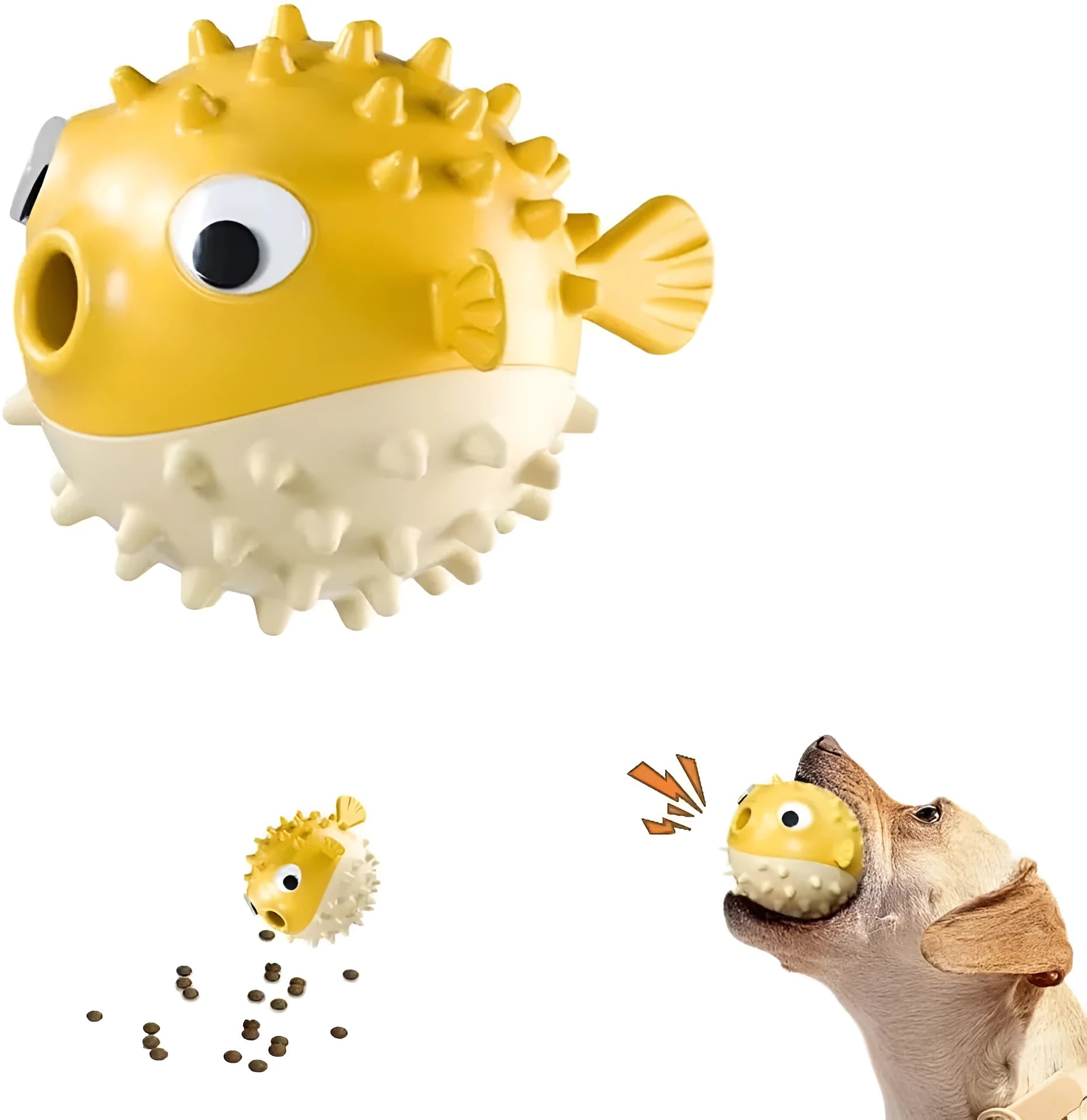 Green fish-shaped interactive dog toy with treat dispensing opening and textured surface for dental cleaning