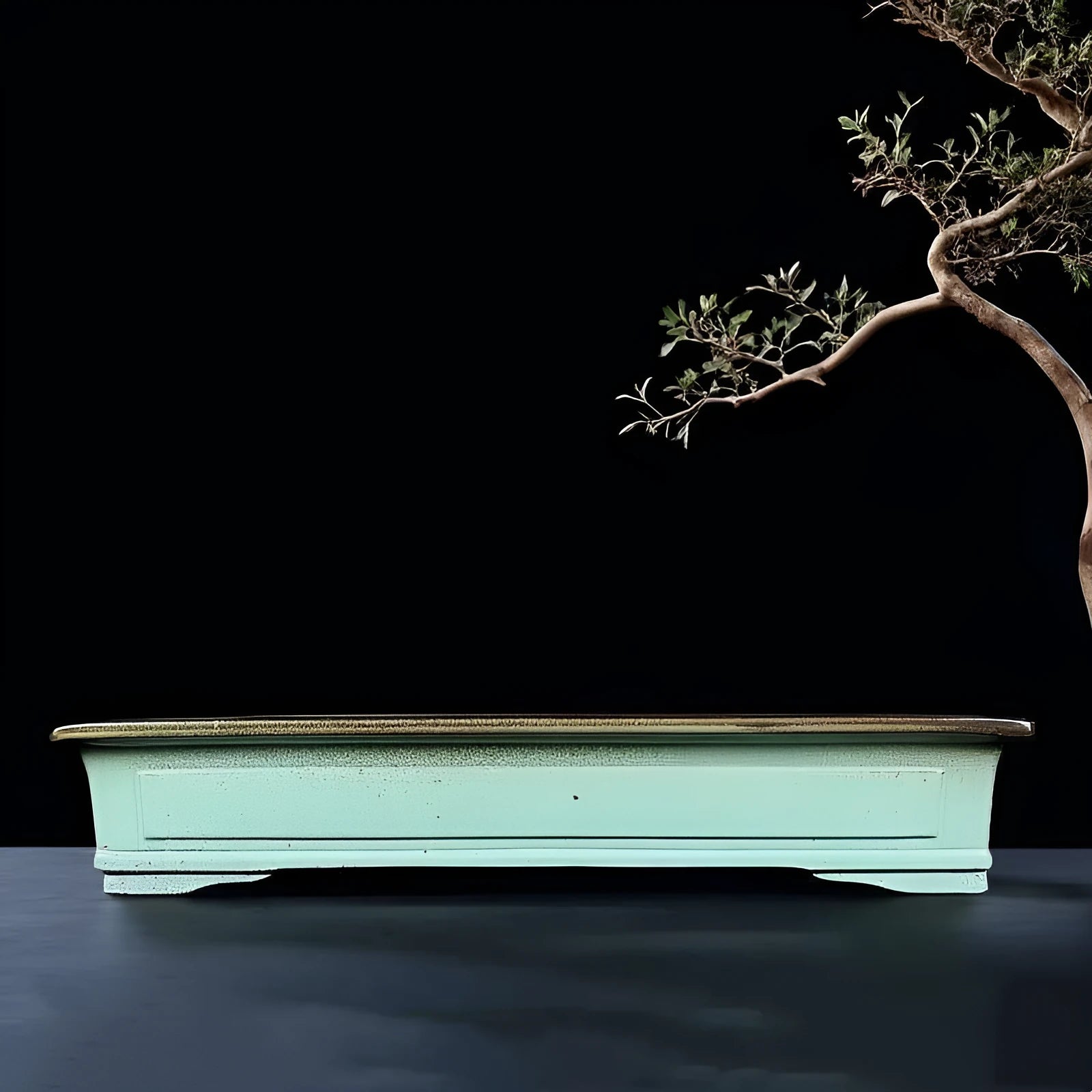 Green handmade ceramic bonsai pot with purple sand crackled glaze