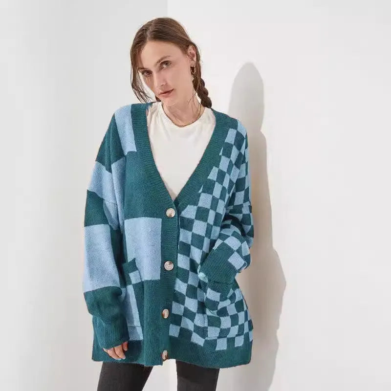Women's loose fit printed checks cardigan knitwear in grey colour with open front design