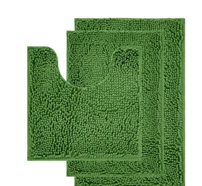 Chenille long hair three-piece bathroom carpet set with U-shaped toilet mat in green.