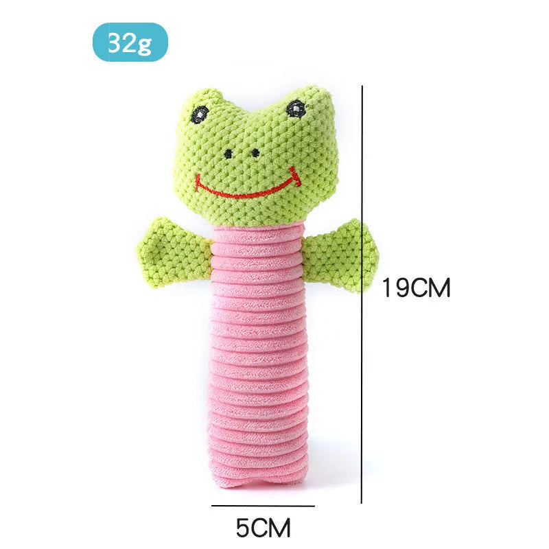 Soft plush dog squeaky chew toy in animal shapes including a calf, frog, and puppy, shown with scale for its 19cm by 5cm size.