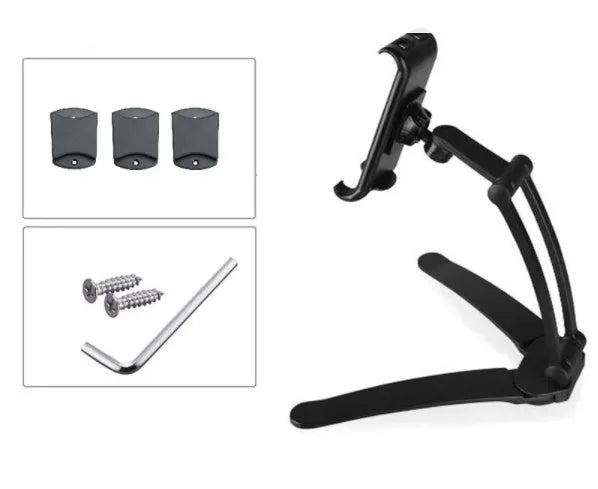 Silver aluminum alloy desktop tablet stand holding a tablet at adjustable angle with white mounting base