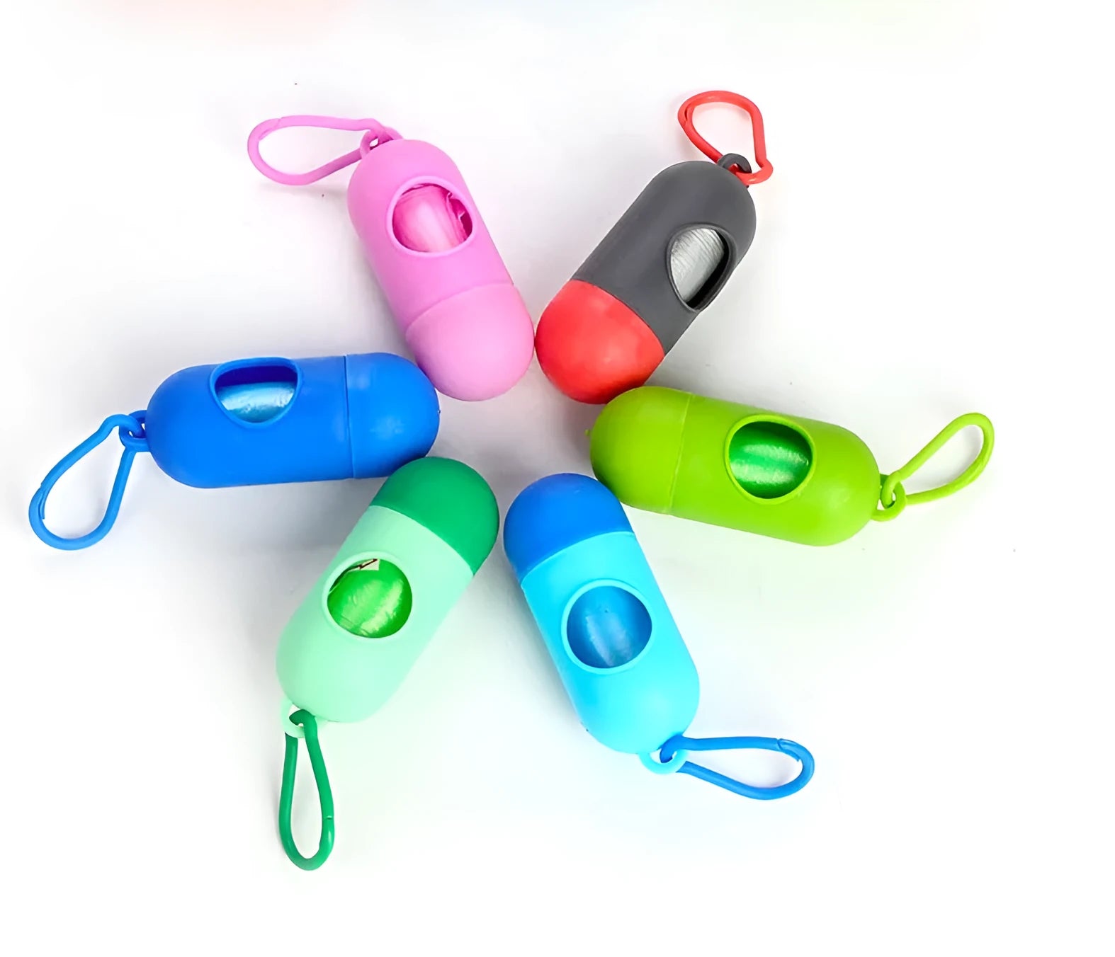 Set of five coloured dog waste poop bags showing black, blue, red, green, pink, and purple options.