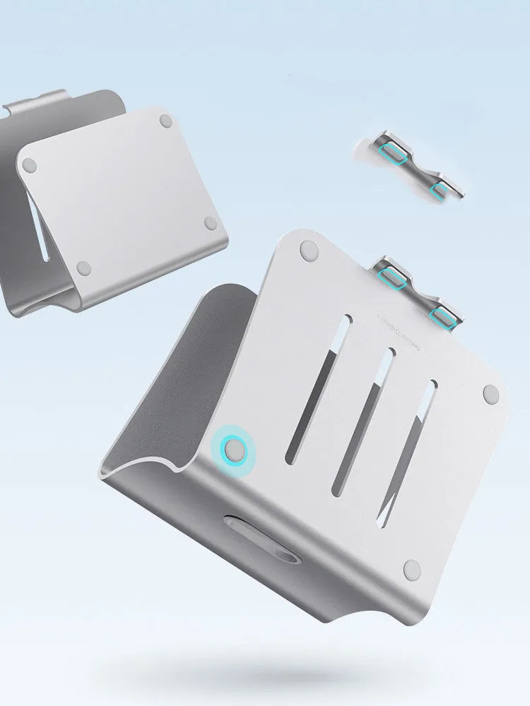 Aluminium alloy rotating cooling bracket for a notebook in grey or silver stripe finish.