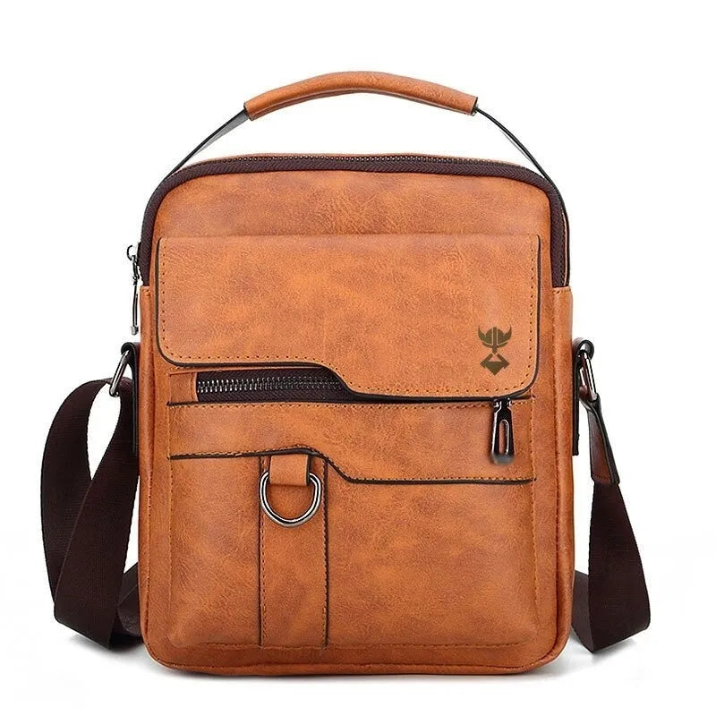 Khaki PU leather men's shoulder bag showing internal pockets and 22x27x8cm dimensions