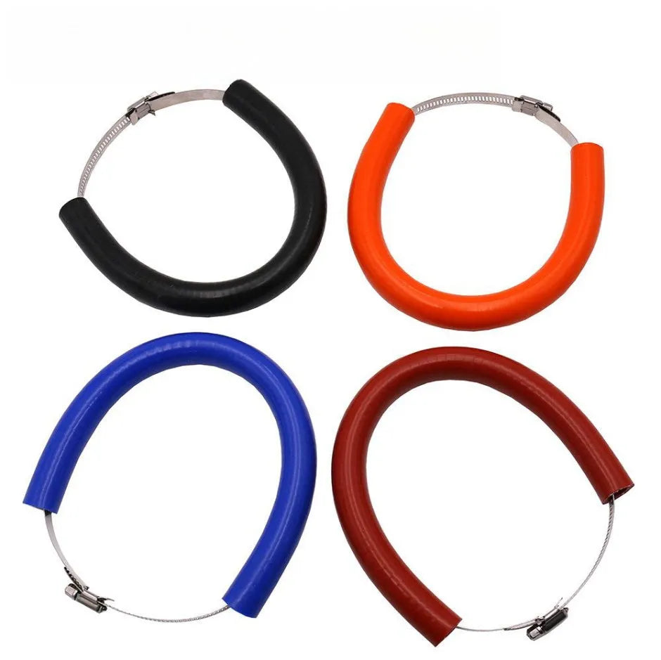 Universal motorcycle exhaust pipe anti-drop metal clamp in black, blue, or orange with included gasket.
