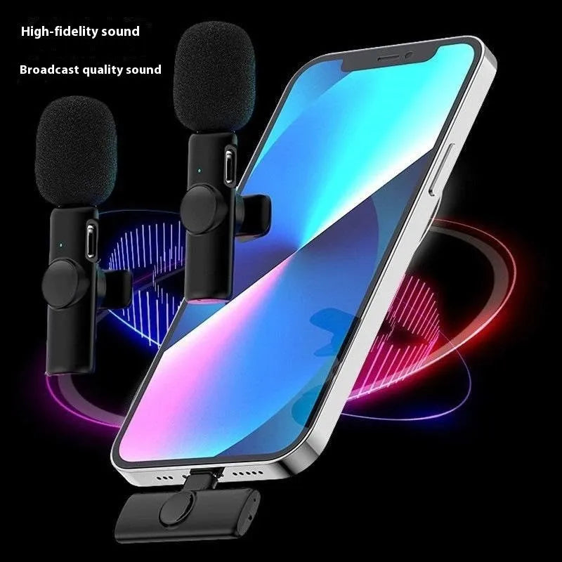 Wireless collar clip microphone for smartphones, showing clip design and available connection options.