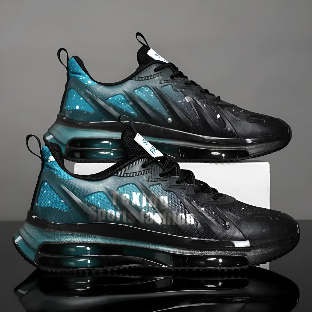 Men's black and green platform trainers with mesh upper and rubber sole
