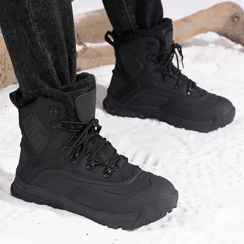 Fleece-lined high-top lace-up men's boots in black plus velvet or khaki, flat heel.