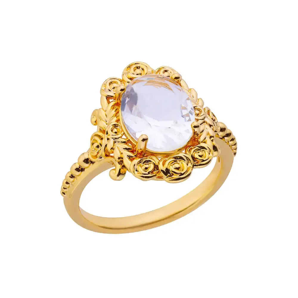 18K gold plated copper open mouth ring with synthetic zircon love emerald motif on white background