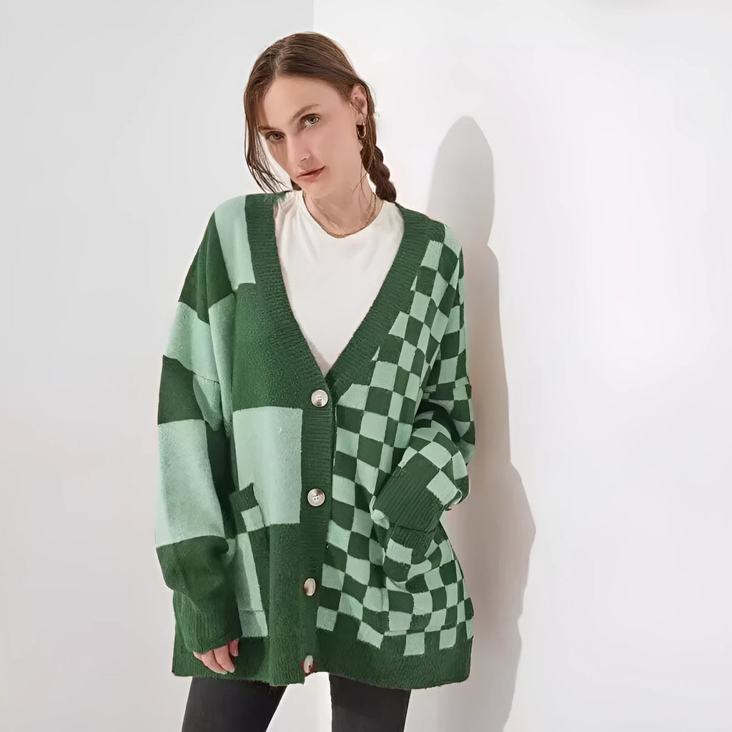 Women's loose fit printed checks cardigan knitwear in grey colour with open front design