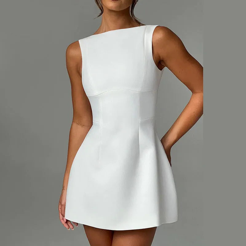 A slim-fitting, backless, sleeveless summer dress with a high waist and short skirt.