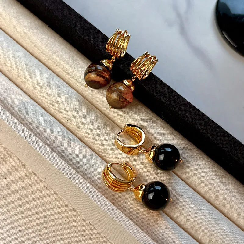 Geometric tigereye earrings with gold plating in brown and black French retro styles