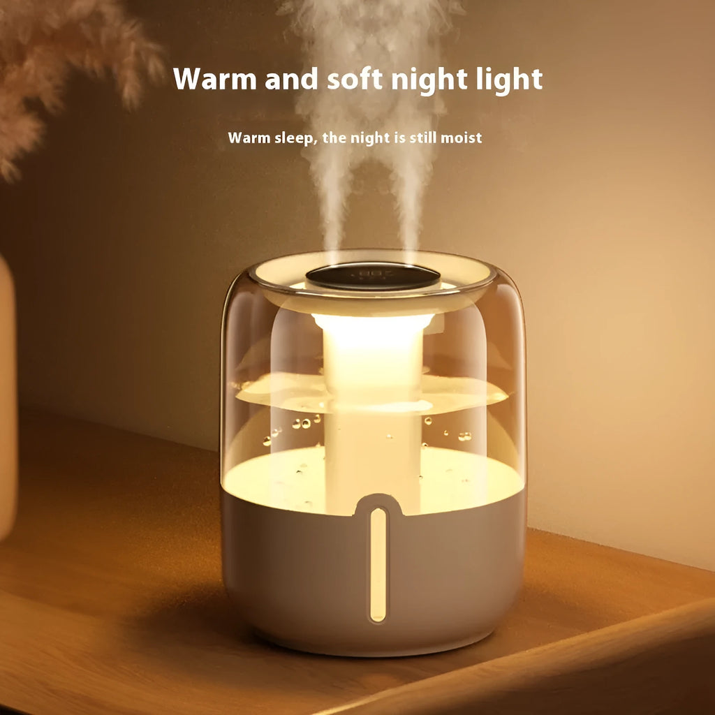 Beige round ultrasonic humidifier with USB port, dual spray nozzles, and display.