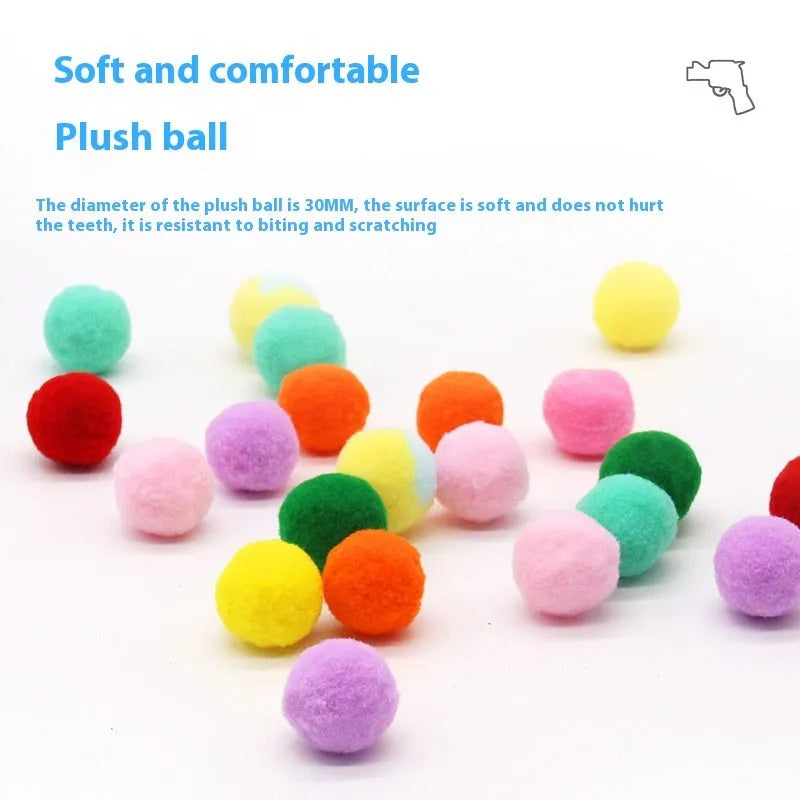Pet toy set showing foam launch gun and assortment of soft plush balls for interactive fetch games