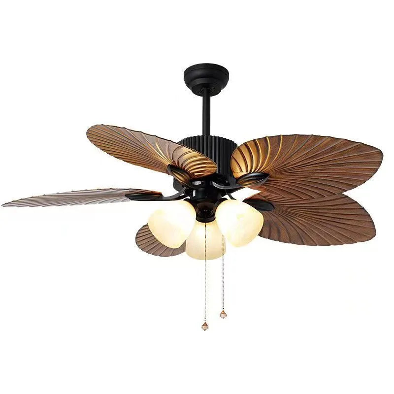 52-inch retro ceiling fan light with wooden blades and copper lampshade lighting
