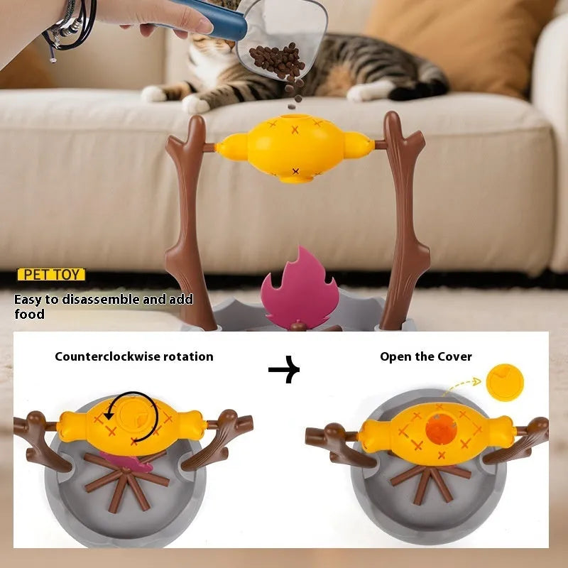Blue and white tumbling cat food feeder toy on a wooden floor