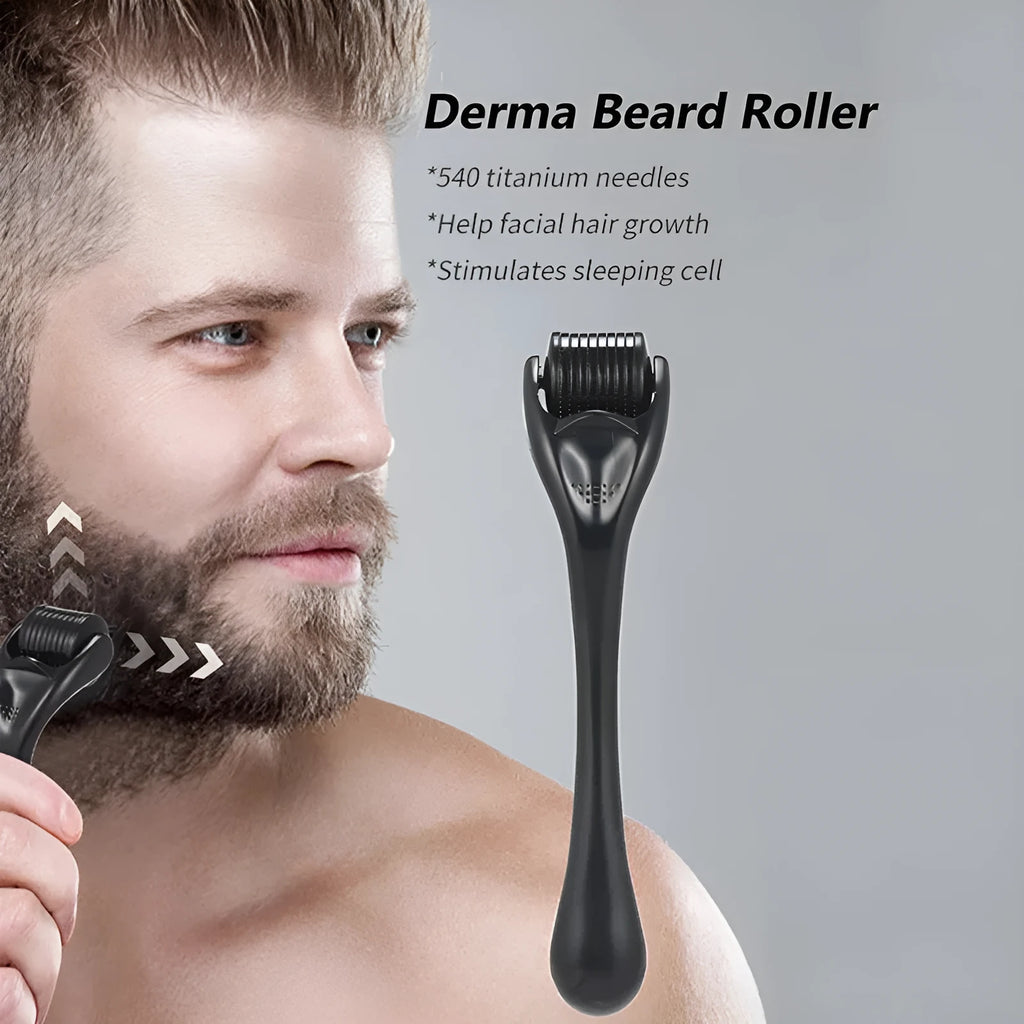 Black and purple derma rollers with titanium microneedles, showing different needle size options from 0.2mm to 1.0mm.