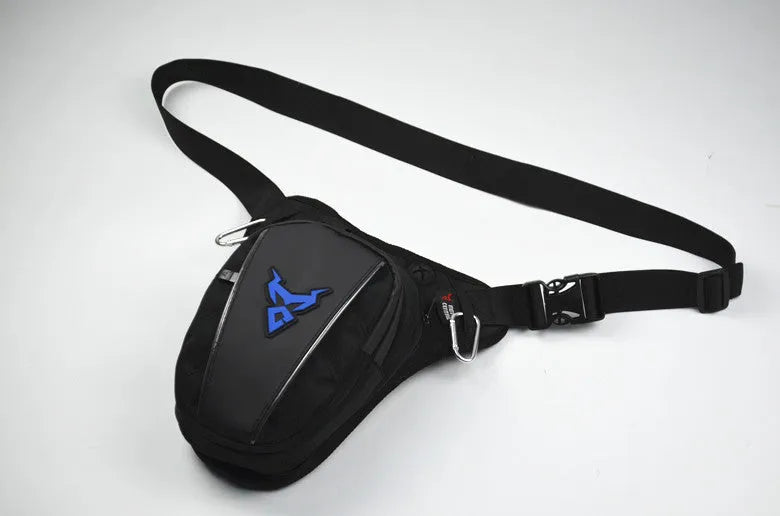 Motorcycle rider's leg bag in 1200D Oxford cloth, shown in red, blue, green, and grey colour options.