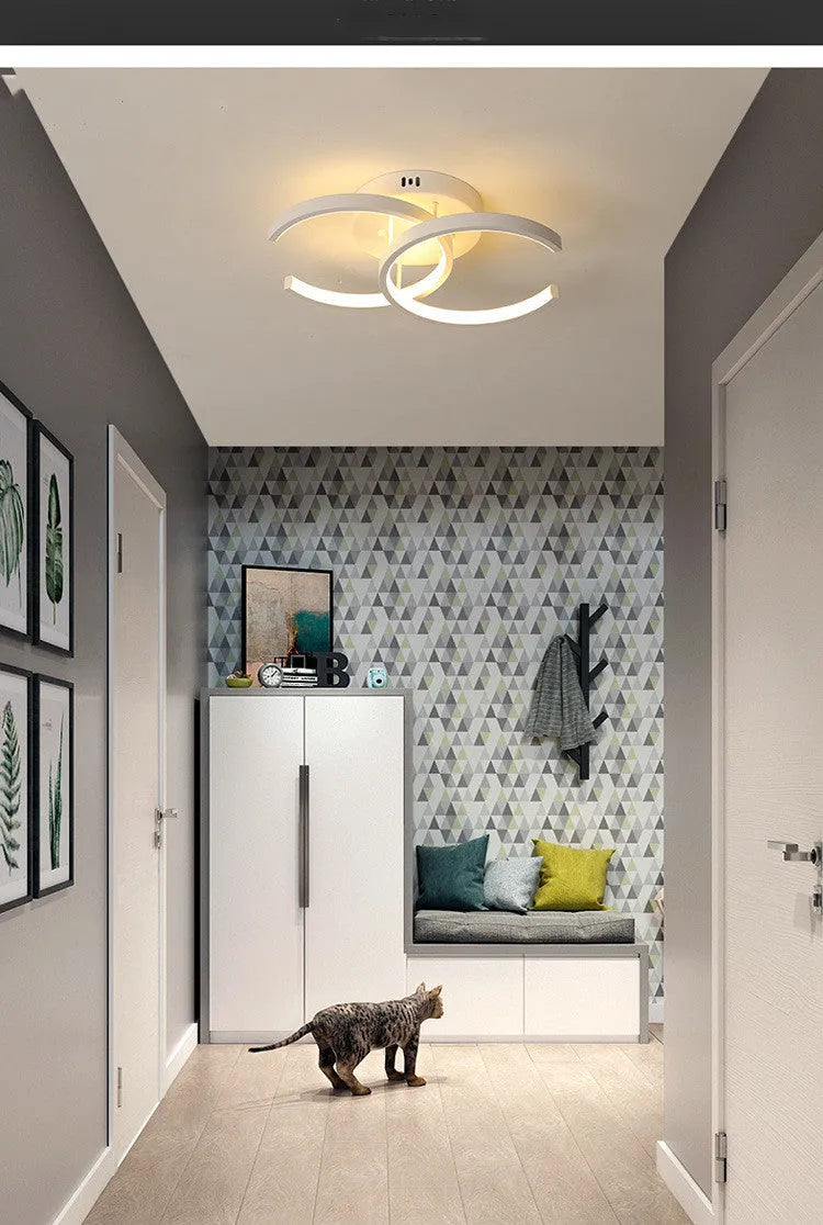 Commercial corridor LED pendant lights in three styles: black double semicircle, white double circle and white bipartite designs