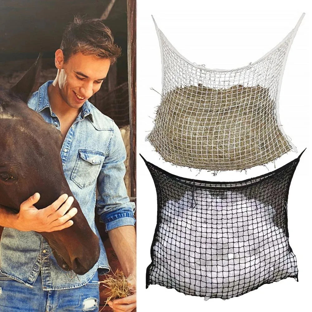 Woven grid horse hanging feeding bag made from black PE rope with open square pattern for livestock feeding