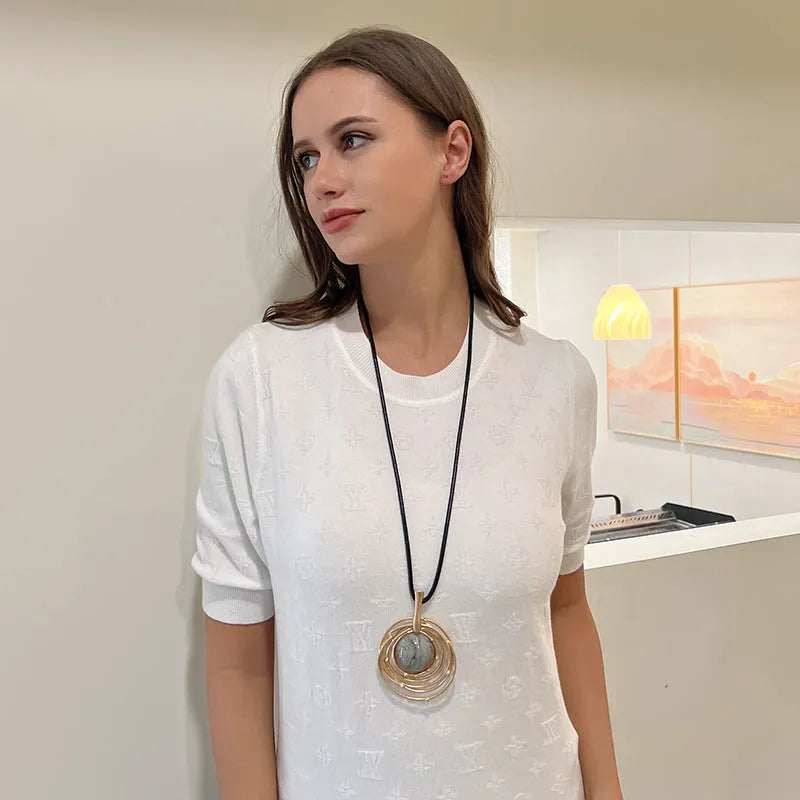 Vintage geometric pendant necklace on snakeskin wax rope chain adjustable 51-80cm TLN716 gold