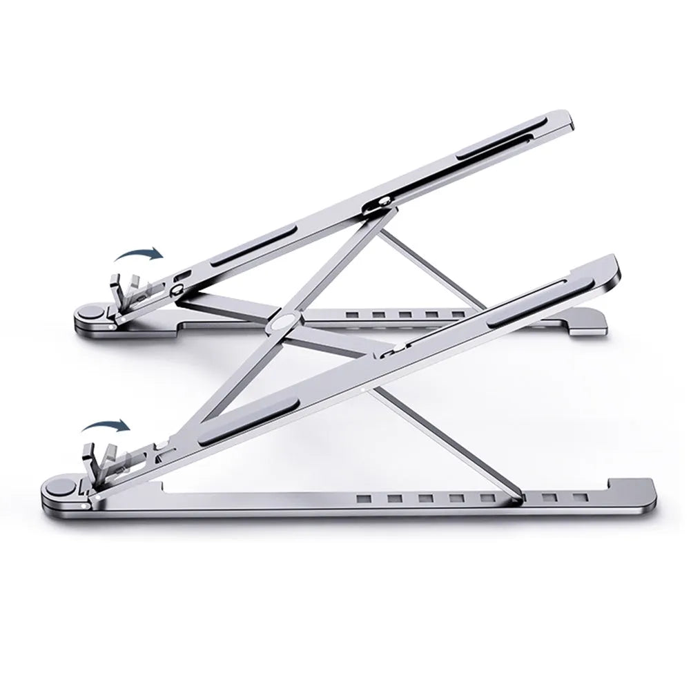 A folded and unfolded aluminium laptop stand in silver, shown next to a laptop.