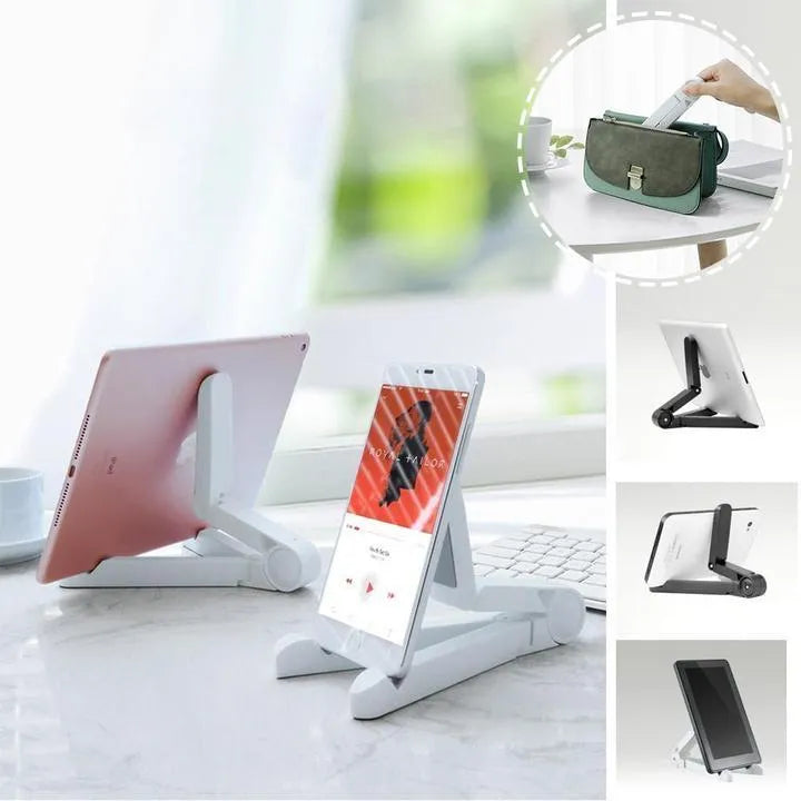 Black foldable tablet holder standing upright with a tablet in landscape mode on a wooden desk