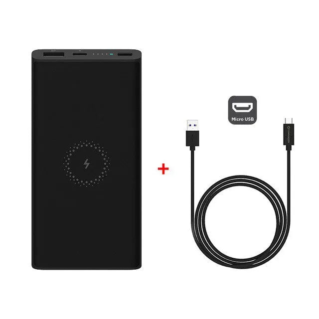White and black large capacity 10000mAh power bank with USB-C port and wireless charging symbol.