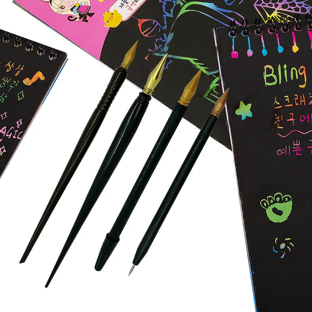 Scratch art paper brush pen with PS plastic handle for children's rainbow foil artwork