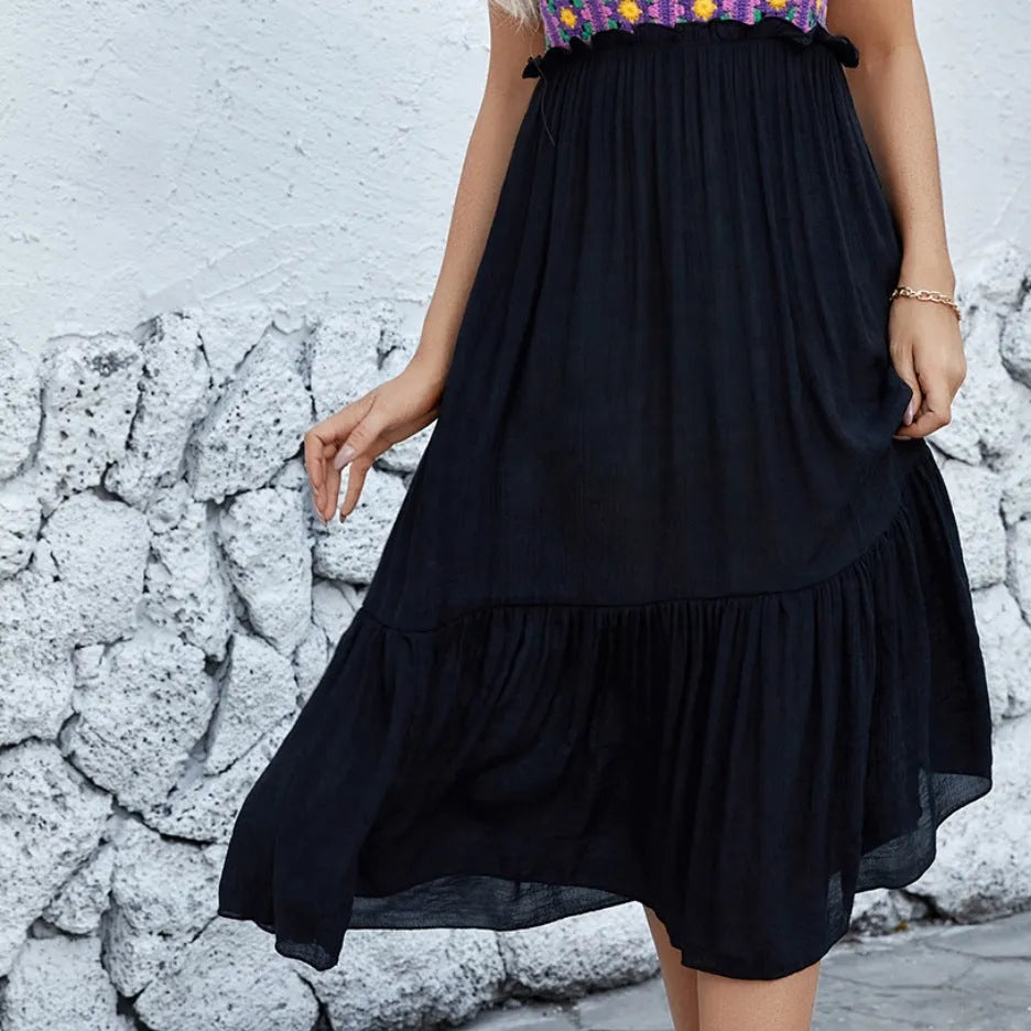 Purple hand hook flower stitching sleeveless dress with cotton yarn fabric and acrylic skirt