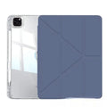 Transparent acrylic iPad screen cover with a fold-out stand, shown in pink on a tablet.