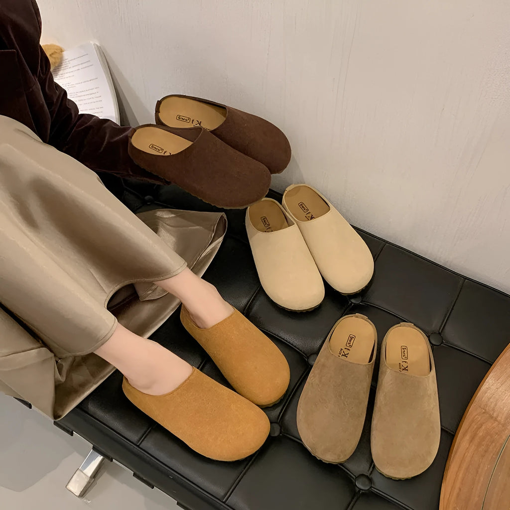 Ugly soft flat Boken slip-on slippers in apricot colour with square toe and microfiber upper