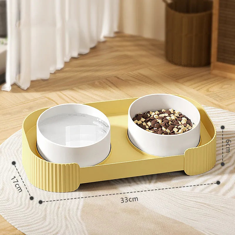Green and white ceramic elevated cat bowls on a tilted stand for food and water.