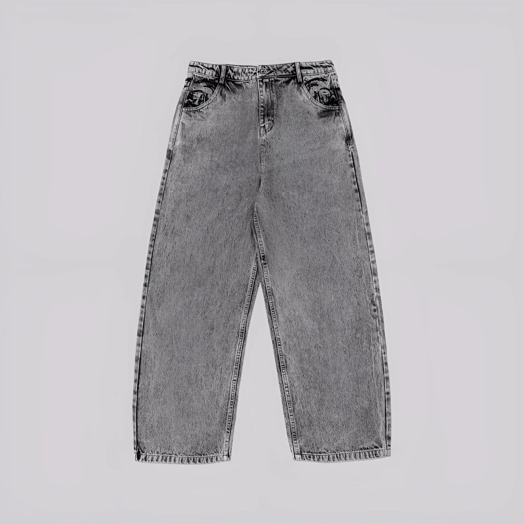 Grey loose fit straight-leg denim trousers for men and women on a mid waist
