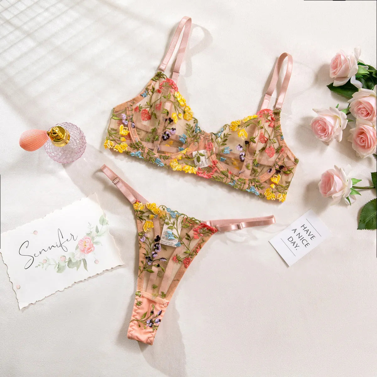 Floral mesh bra with steel rings and T-back design in five colour options