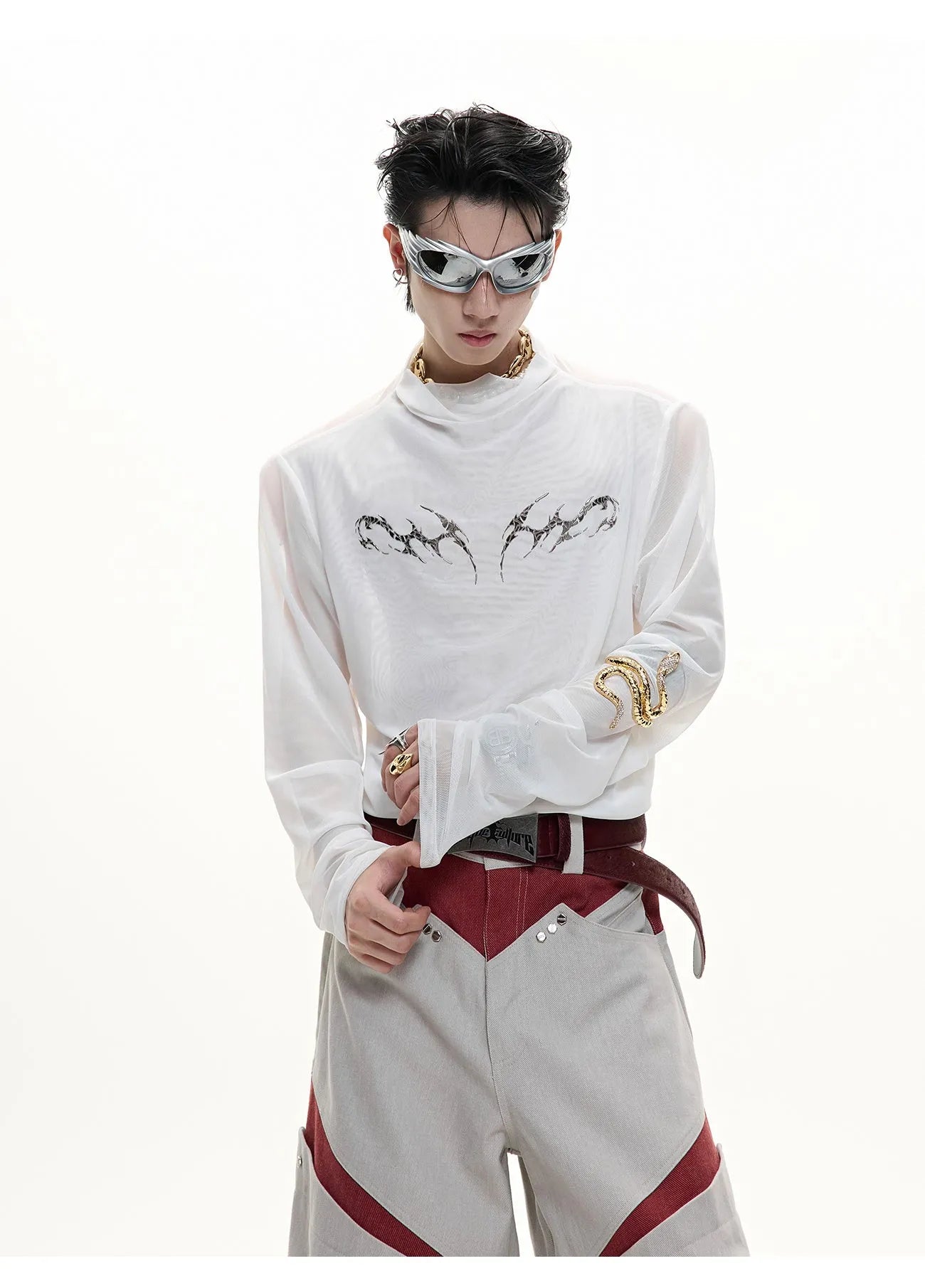 Men's slim fit ice-feel mesh shirt in black and white colours with long sleeves