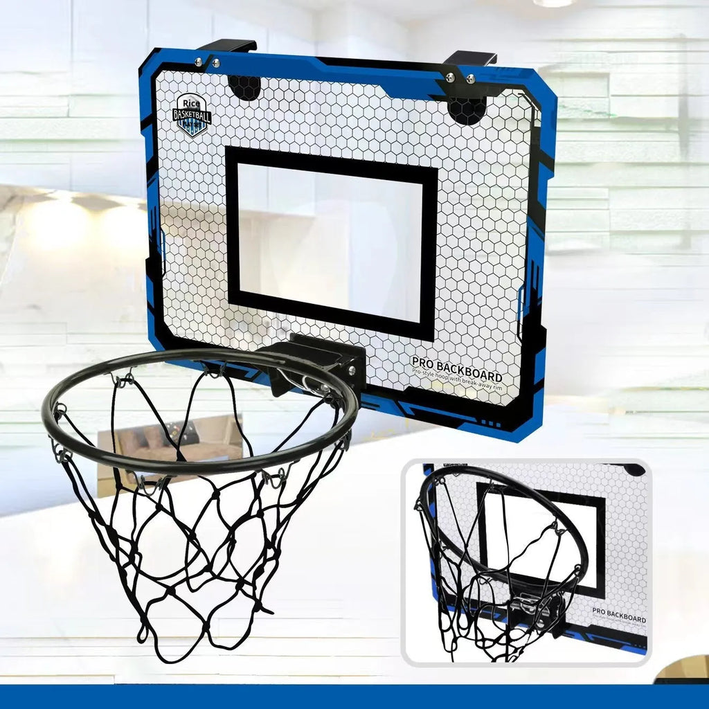 Red and blue folding basketball frame toy with suction cups mounted on a wall, shown with a basketball.