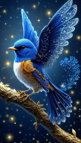 Blue Bird diamond painting kit showing 60x100cm rhinestone artwork on internal framework