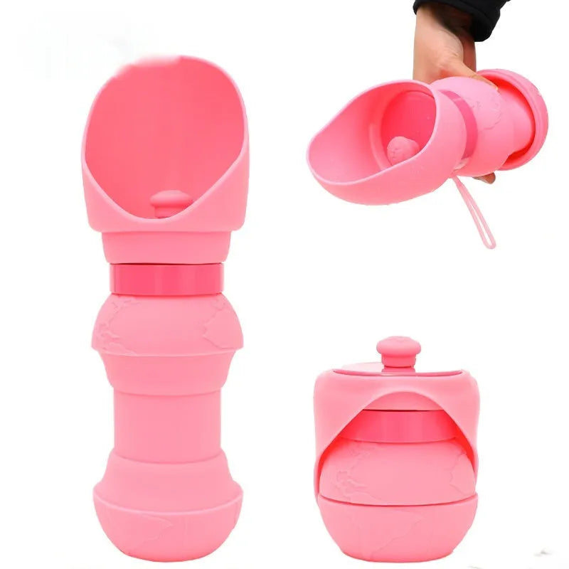 Silicone pet folding water cup shown in collapsed and open positions with colour options