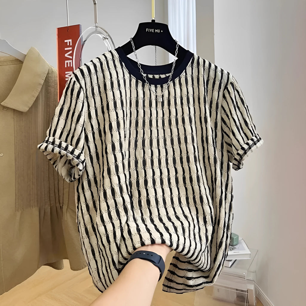 Men's black striped loose short sleeve shirt made from silk and linen blend fabric