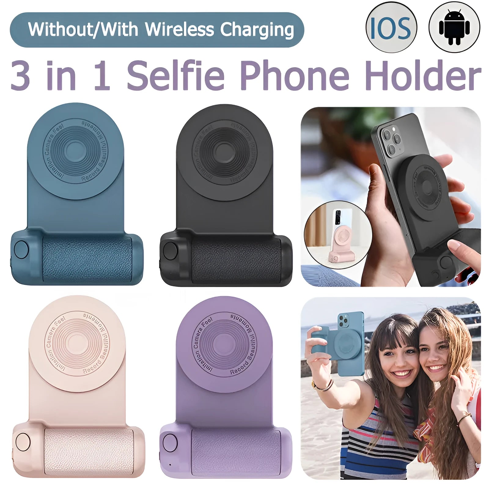 Black magnetic camera handle bracket for smartphone photography with rotatable design and ergonomic grip