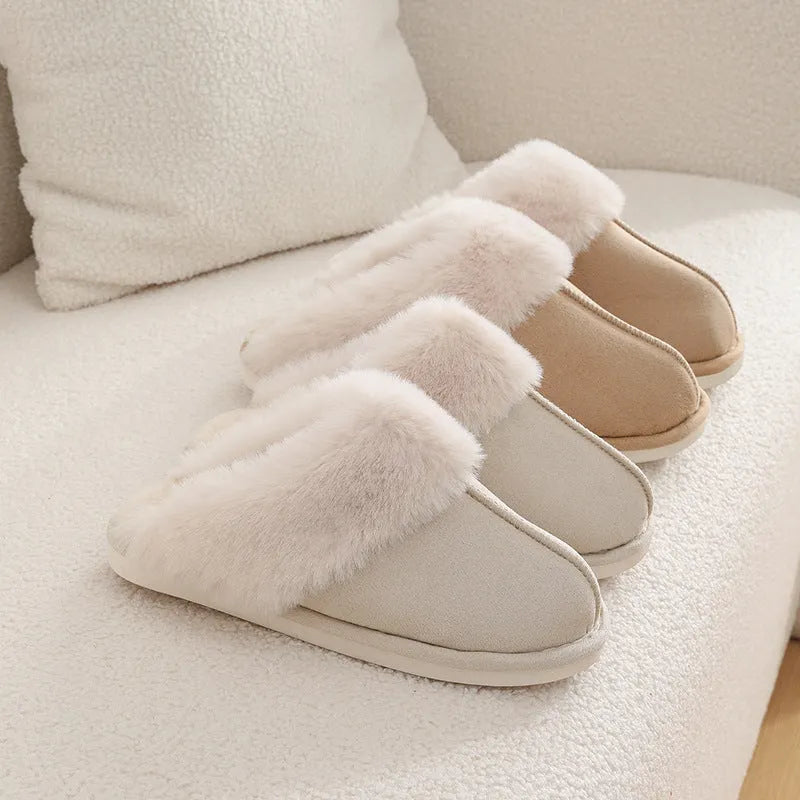 Women's brown plush indoor slippers with round toe, flat heel, and non-slip sole.