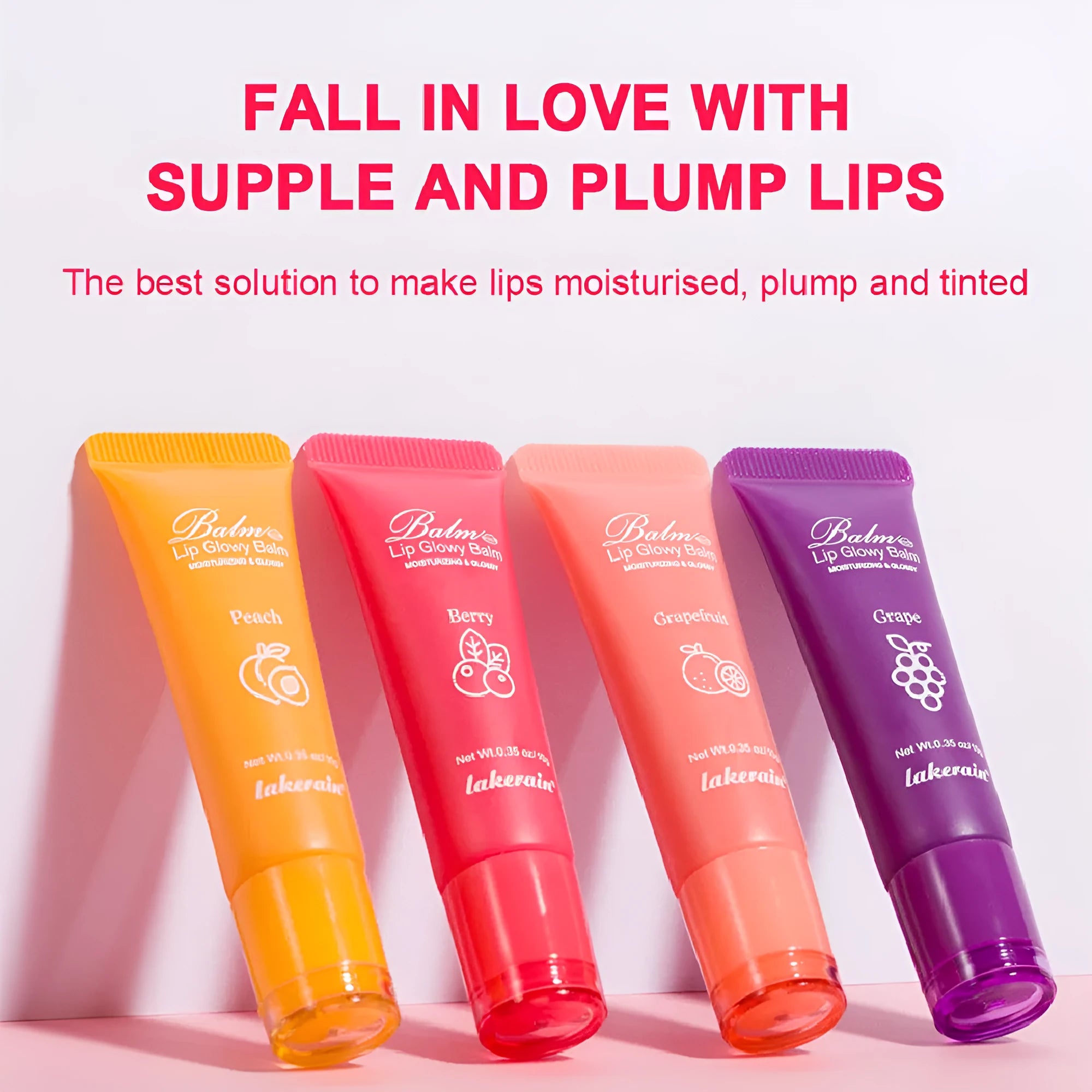 Women's flavoured lip gloss in berry, grape, grapefruit and yellow peach colour variants