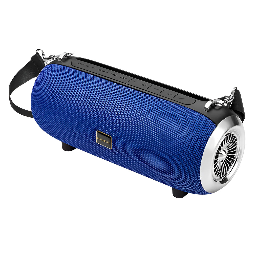 F666 square portable Bluetooth speaker with shoulder strap, showing retractable FM antenna and control buttons.