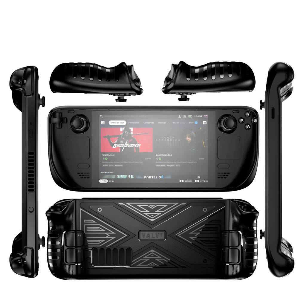 Steam Deck TPU protective case in black, blue, and red colour options showing precise console fit