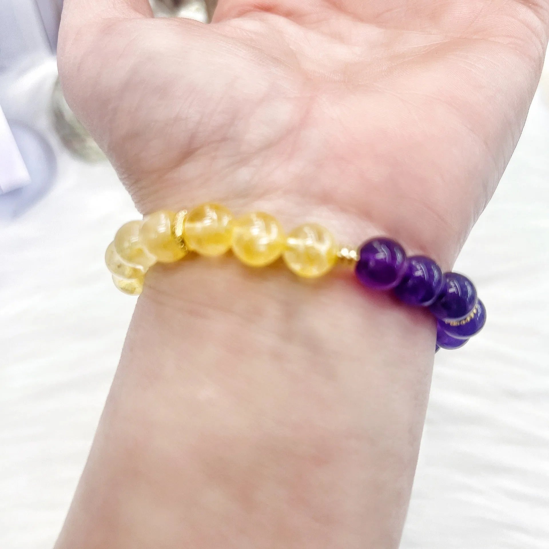 Handmade yellow and purple crystal women's bracelet with amethyst stones