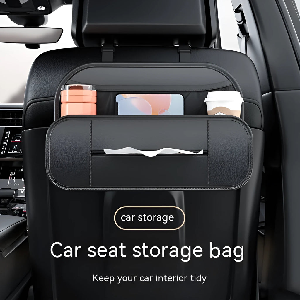 Black leather car seat back storage bag showing dimensions and customisable compartments