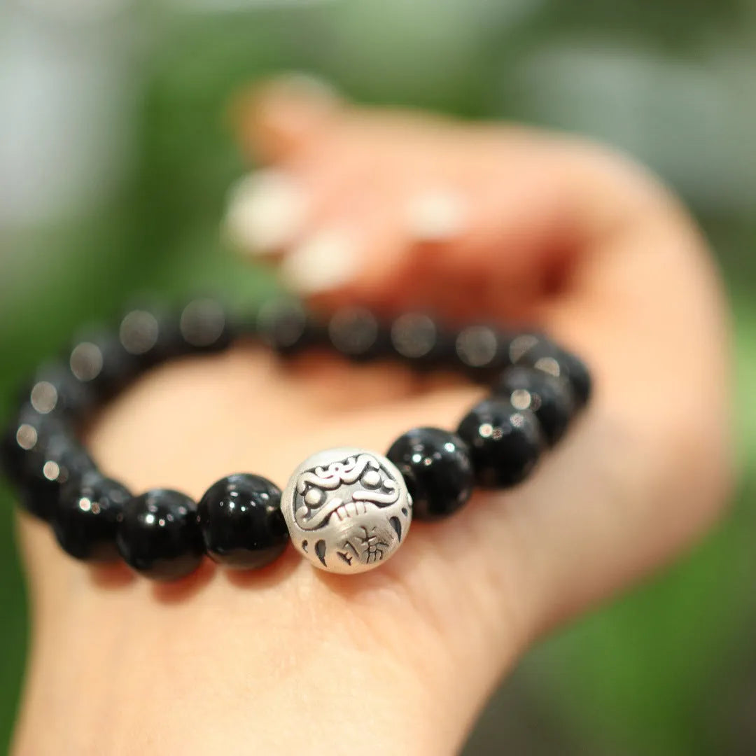 Black agate and sterling silver Chinese style bracelet with 10mm beads