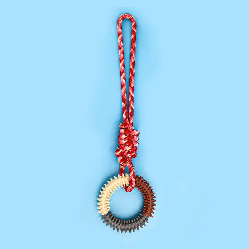 Colourful braided rope dog toy with knots, 43 cm long, for puppies and small dogs